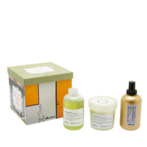 Davines Momo gift set 2023 box containing Momo shampoo, conditioner This is a blow dry primer spray