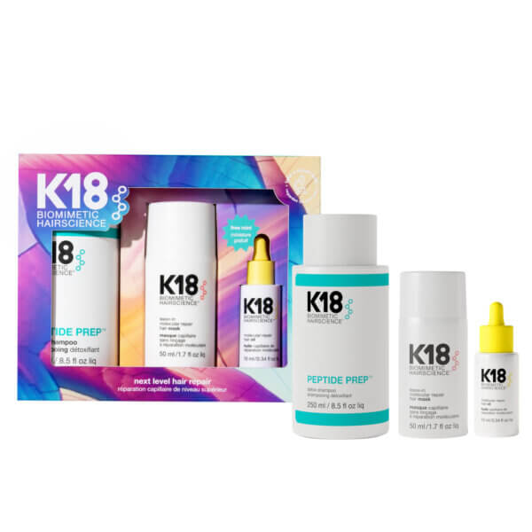 K18 Next Level Hair Repair Gift Set containing Peptide Prep detox Shampoo, K18 Hair Mask and K18 hair oil