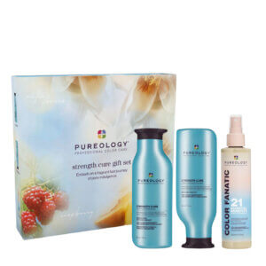 Pureology Strength Cure Christmas Gift Set 2024 with Strength Cure Shampoo, Conditioner and Colour Fanatic Treatment Spray