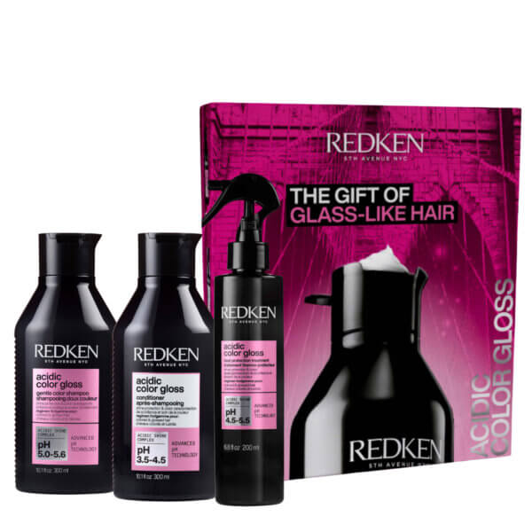 Redken acidic colour gloss Christmas 2024 gift set containing acidic colour gloss shampoo, conditioner and heat protection treatment