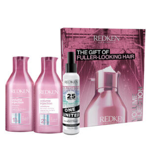 Redken Volume Injection Christmas Gift Set 2024 with shampoo and conditioner and one united treatment spray in gift box front view